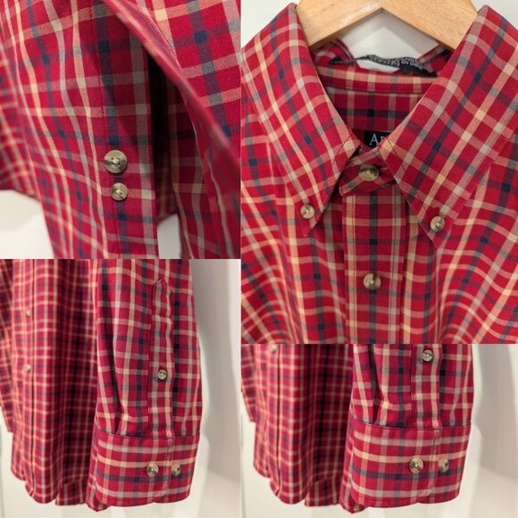 Red Plaid Button-Down Shirt Unisex Oversized Cotton Blend - Picture 12 of 13